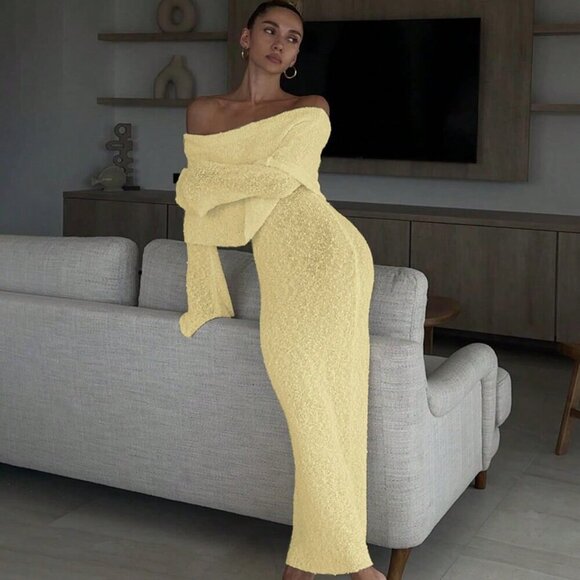 Light Yellow Elegant Women's Sexy Beach Vacation Off shoulder maxi Dress - Picture 7 of 10